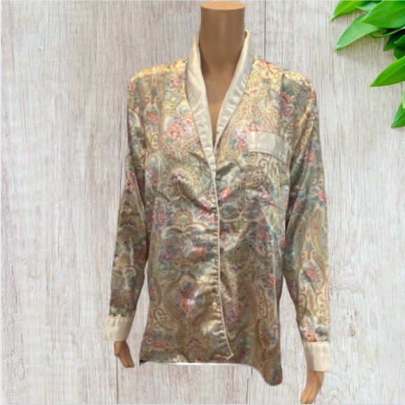 VINTAGE NICOLE CLASSICS -- Satin-Feel Pajama Top, Front Closure, Lined - Picture 1 of 15